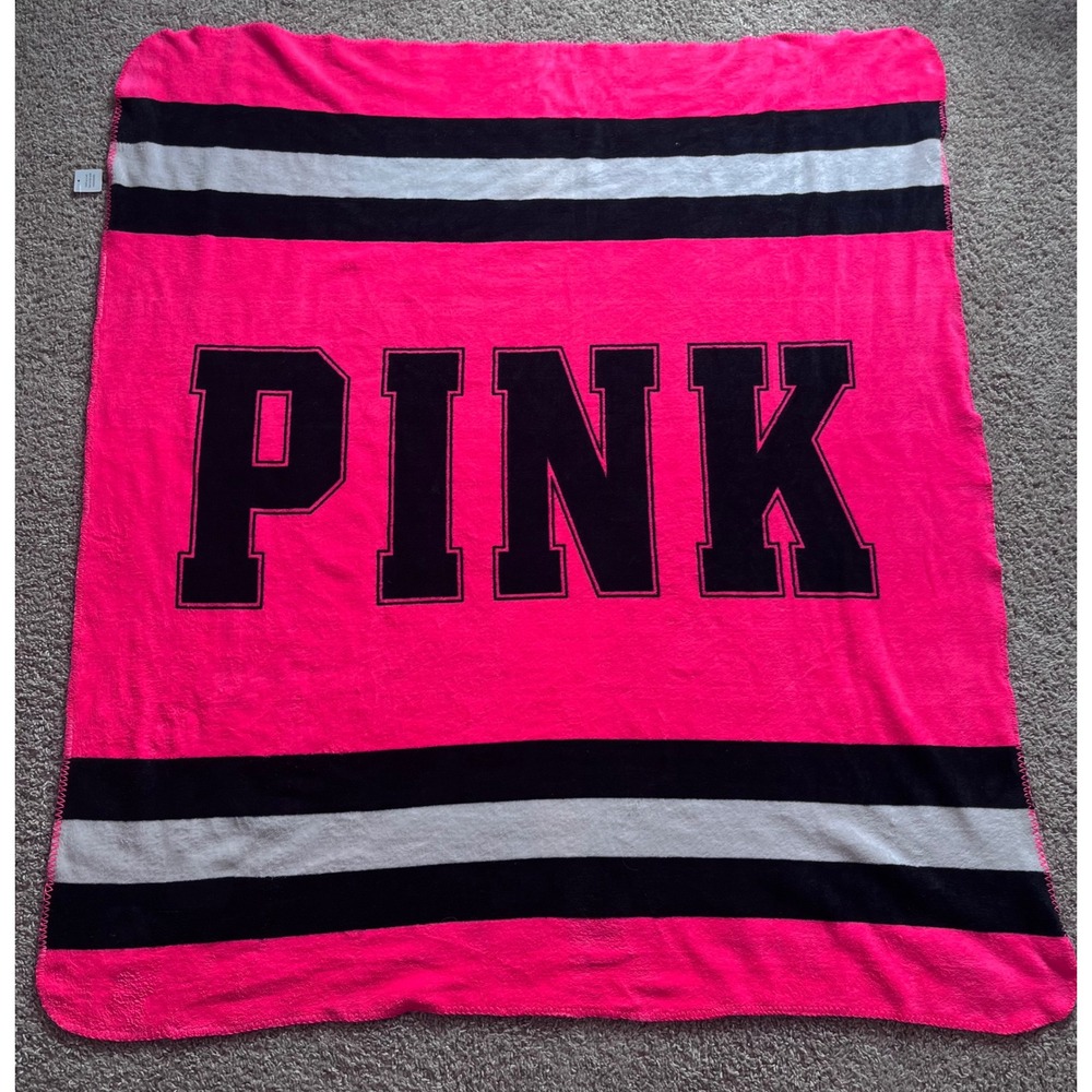 Victoria's Secret PINK Fleece Throw Blanket Neon Pink Black White Striped 50x60